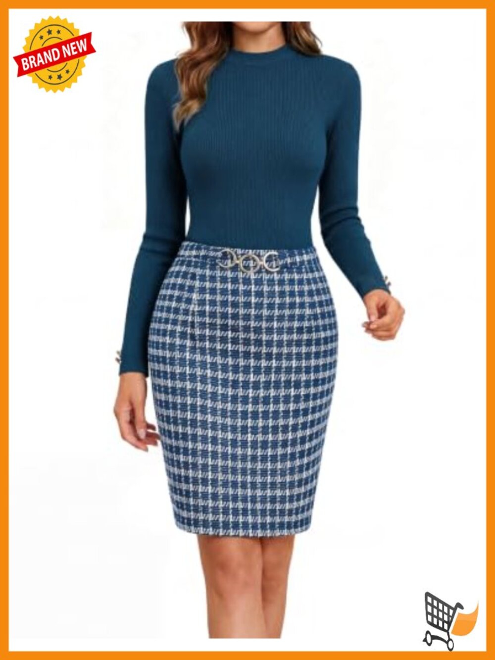 Tweed & Ribbed Knit Long Sleeve Business Pencil Dress
